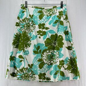 Valerie Stevens Skirt Sz 8P Petite Floral A-Line Knee Length Cotton Blend Green